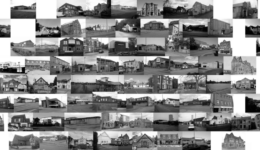 A composite image showing around 50 black-and-white photographs of social club frontages.