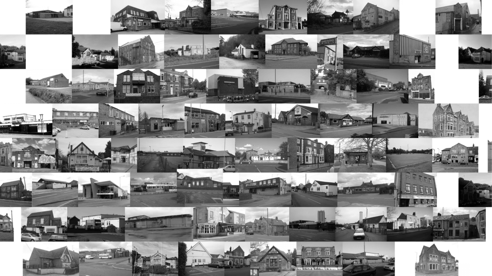 A composite image showing around 50 black-and-white photographs of social club frontages.