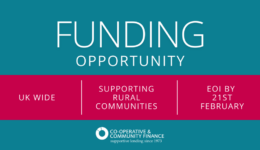 A turquoise rectangular image with white text saying funding opportunity. A red bar crosses the image saying UK wide supporting real communities expression of interest by 21st February.