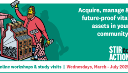 A green background sits behind white text which says enquire manage a aquire, manage and futureproof vital assets in your community. The Stir To Action logo is in the bottom right corner. A white bar across the bottom is behind text which reads online workshops and study visits Wednesdays March to July 2025. To the left a multicoloured illustration shows four people around a stylised community building putting money inside it