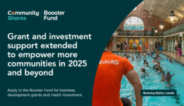 A two part image. On the left-hand side a green background sits behind white text which reads granting investment support extended to empower more communities in 2025 and beyond. On the right hand side we see a back view of a lifeguard wearing an orangey red T-shirt overlooking a swimming pool full of people.